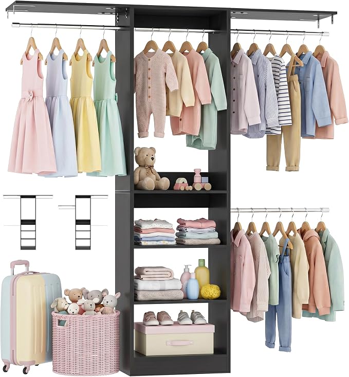 iSunirm 48" Small Closet System, Space-Saving Wall-Mounted Wardrobe Organizer, Mini Garment Rack for Narrow Spaces, Morning Outfit Prep Station & Nursery Dress-up Storage, Black