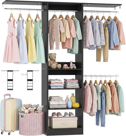 iSunirm 48" Small Closet System, Space-Saving Wall-Mounted Wardrobe Organizer, Mini Garment Rack for Narrow Spaces, Morning Outfit Prep Station & Nursery Dress-up Storage, Black