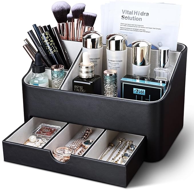 KINGFOM Leather Makeup Organizer with Drawer, Cosmetic Storage for Dresser Countertop and Bathroom Vanity, Beauty Holder for Lipstick Brush Skincare (Black)