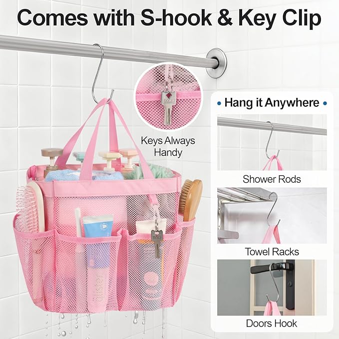 F-color Mesh Shower Caddy Portable, Upgrade Deeper 7 Pockets Shower Bag Basket Tote for College Dorm Room Toiletry Bathroom Essentials Gym Camp Quick Dry 2 handles with S Hook, Pink