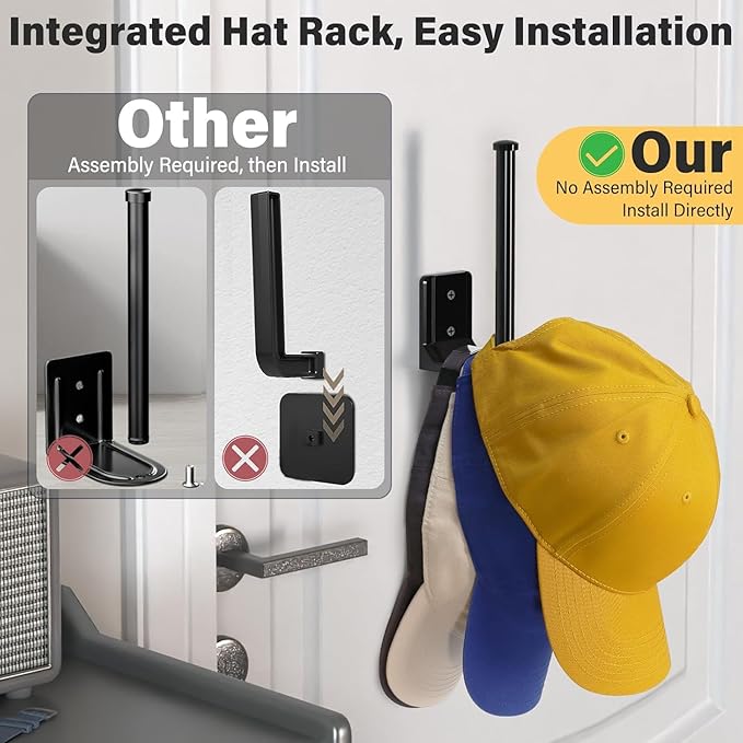 2 Pack Hat Racks for Baseball Caps, Stainless Steel Hat Organizer for Baseball Cap, Hat Holder Storage Organizer, Hat Hanger Strong Adhesive/Wall Drilled for Door, Bedroom, Closet(Black 6 in) (Black)