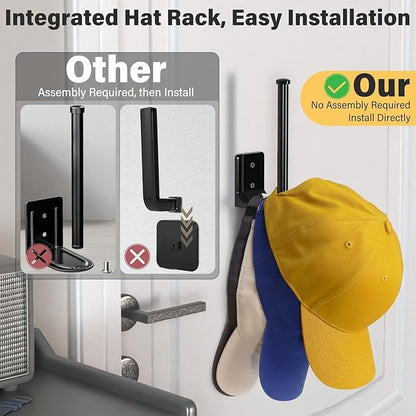 2 Pack Hat Racks for Baseball Caps, Stainless Steel Hat Organizer for Baseball Cap, Hat Holder Storage Organizer, Hat Hanger Strong Adhesive/Wall Drilled for Door, Bedroom, Closet(Black 6 in) (Black)