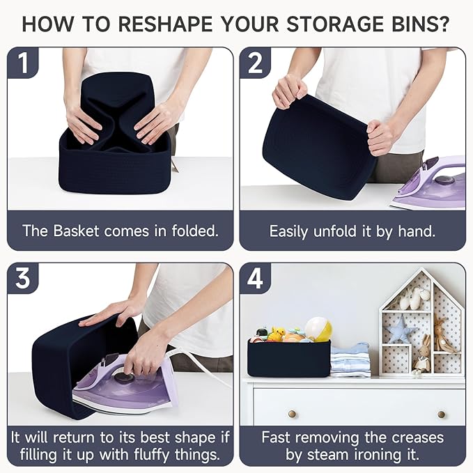 3-Pcs Shelf Baskets for Organizing, Closet Organizer Bins, Small Woven Baskets, Rope Toy Basket, Storage Basket for Shelves, Cube Decorative Box, 11.8×7.8×5.1”|Navy Blue