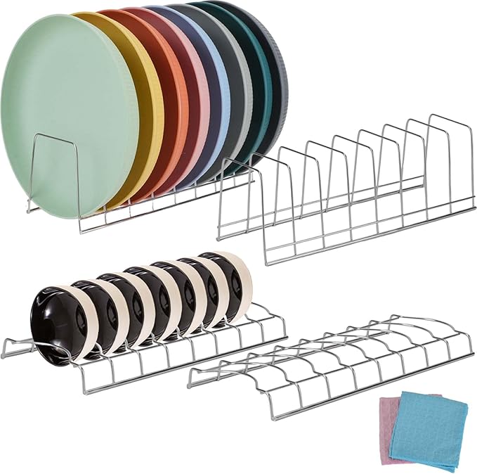 JEPELUS 4 Pack Plate and Bowl Organizer for Cabinet with 2 Absorbent Cloths, Stainless Steel Cutting Board Organizer, 8 Slots Upright Bowl Storage Rack Dish Drying Racks for Pot Lids Plates Bakeware