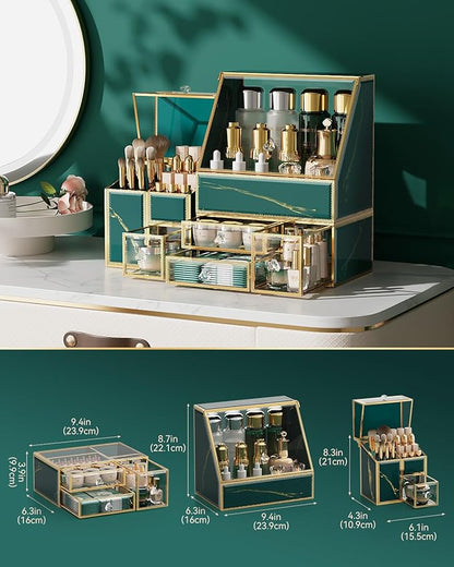 CoralHouse Makeup Organizer Green– Large Vanity Organizer for Skincare, Lipsticks, Perfume & Brushes – Countertop Cosmetic Storage Box for Women, Bathroom or Dresser.
