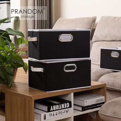PRANDOM Larger Collapsible Storage Bins for Closet [3-pack] Decorative Linen Fabric Storage Baskets Cubes with Leather/Metal Handles for Living Room Black (17.3x12.2x10.4 Inch)
