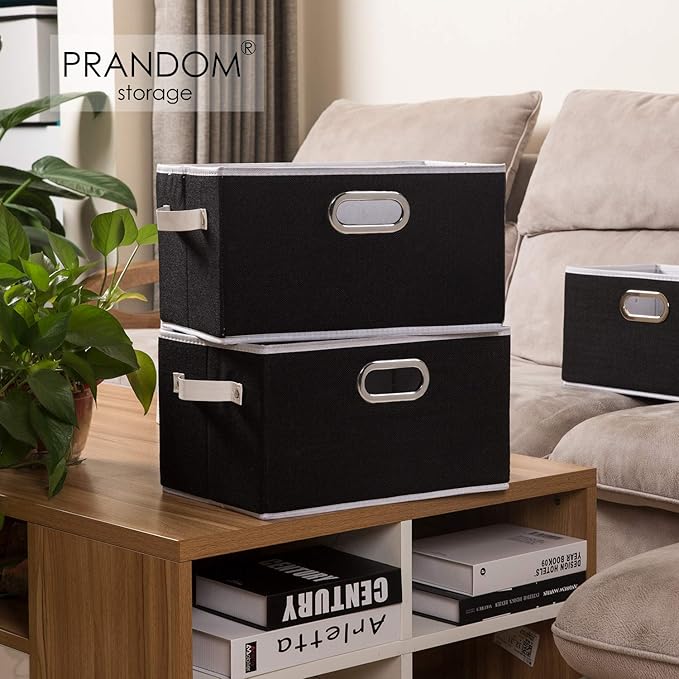 PRANDOM Fodable Storage Baskets for Closet [5-pack] Decorative Fabric Storage Bins Cubes with Leather/Metal Handles for Shelves Bedroom Living Room Black (11.5x8.5x6.7 Inch)