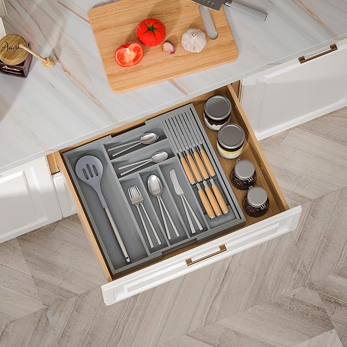 TIOPGHAD Bamboo-Silverware-Drawer-Organizer-Kitchen, Expandable Utensil Holder Cutlery Tray Flatware Organization Adjustable Wood Tableware Dividers Storage (with Removable Knife Block)(Grey)