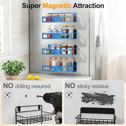 Magnetic Spice Rack for Refrigerator, 4 Pack Metal Magnetic Shelf Organizer for Fridge Side, Strong Spice Storage Rack for Kitchen, Dark Blue