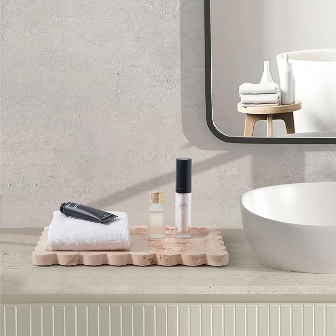 Real Natural Scalloped Marble Tray for Bathroom, Vanity, Kitchen and Desktop, Decorative Stone Tray for Jewelry, Cosmetics, Candles, Lotion, Perfume and Home Décor (Pink, 12" x 8")