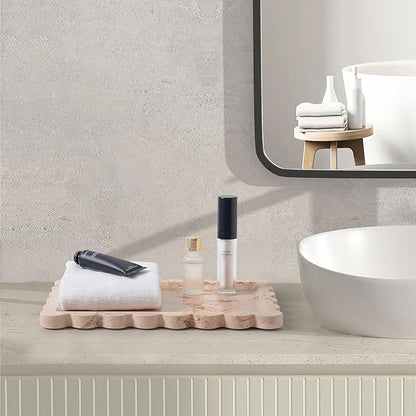 Real Natural Scalloped Marble Tray for Bathroom, Vanity, Kitchen and Desktop, Decorative Stone Tray for Jewelry, Cosmetics, Candles, Lotion, Perfume and Home Décor (Pink, 12" x 8")