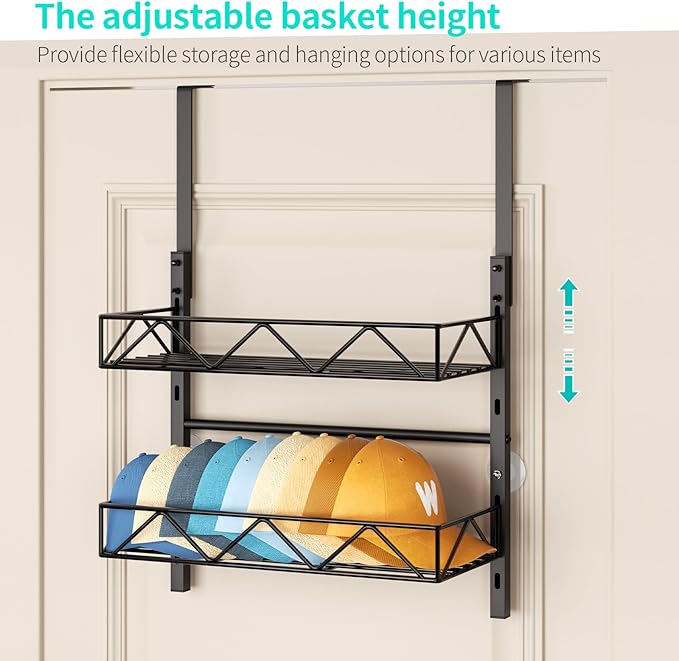 HapiRm Hat Organizer for Baseball Caps - 2 Tier Over the Door & Wall Mounted Hat Rack with 2 Adjustable Metal Basket, Storage Holds up to 20 Caps for Door, Bedroom, Closet (Black)