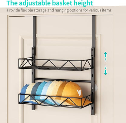 HapiRm Hat Organizer for Baseball Caps - 2 Tier Over the Door & Wall Mounted Hat Rack with 2 Adjustable Metal Basket, Storage Holds up to 20 Caps for Door, Bedroom, Closet (Black)