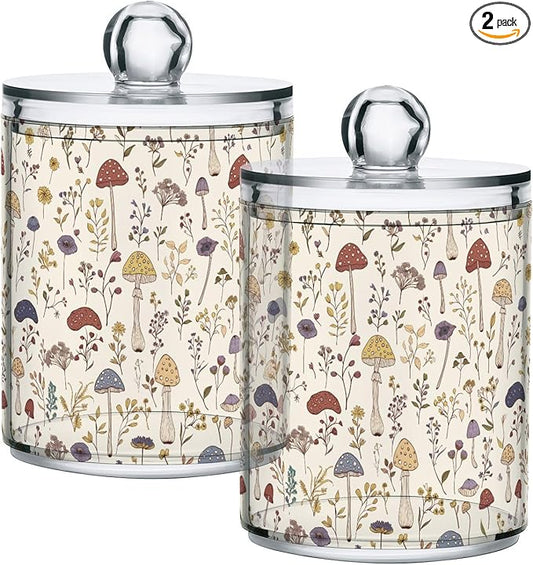 Milk Cow Qtip Holder with Lid 2PCS Apothecary Jars Storage Containers, Clear Plastic Canister for Cotton Swab,Floss Picks, Cosmetics (Mushroom and Flower, one sizex2)