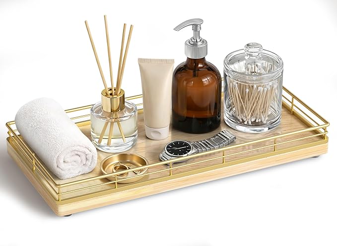 Bathroom Vanity Tray for Countertop, 12" x 6" Oak Wood Toilet Tank Tray with Metal Guardrail, Bathroom Organizer for Soap, Perfume & Skincare, Non-Slip Decorative Tray for Dresser, Gold & Natural Oak