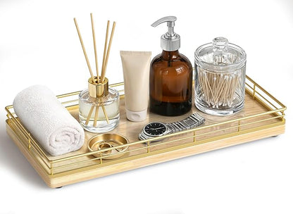 Bathroom Vanity Tray for Countertop, 12" x 6" Oak Wood Toilet Tank Tray with Metal Guardrail, Bathroom Organizer for Soap, Perfume & Skincare, Non-Slip Decorative Tray for Dresser, Gold & Natural Oak
