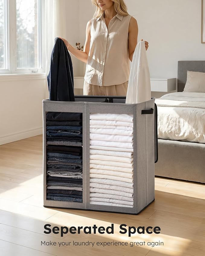 SOLEDI Large Double Laundry Hamper with Lid,165L Collapsible Clothes Hamper 2 section with Removable Bags, Space-Saving Laundry Basket for Bedroom, Dorm, College