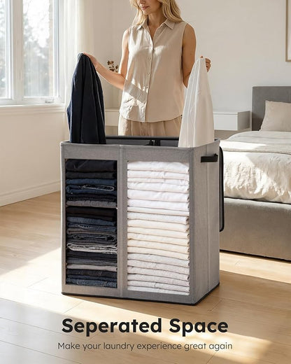 SOLEDI Large Double Laundry Hamper with Lid,165L Collapsible Clothes Hamper 2 section with Removable Bags, Space-Saving Laundry Basket for Bedroom, Dorm, College