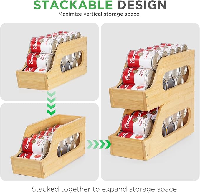 2 Pack Bamboo Can Organizer for Pantry, Soda Can Dispenser Rack Drink Holders Stackable Canned Goods Storage for Pantry Kitchen Cabinet Up To 30 Cans