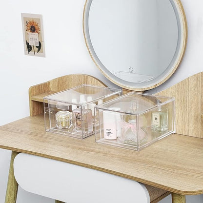Yieach 2 Pack Stackable Makeup Organizer - 4.5'' Tall Acrylic Cosmetic Display Case - Clear Plastic Storage Bins For Vanity, Under Cabinets, Pantry Organization