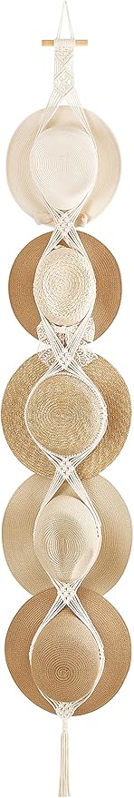 Dahey Macrame Hat Hangers Hat Rack for Wall Cowboy Hat Organizer Hanging Display Hand Weaving Bobo Hat Holder Westen Decor for Wide Brim Hats Bowler Fedora Hats, 5 Hats Style