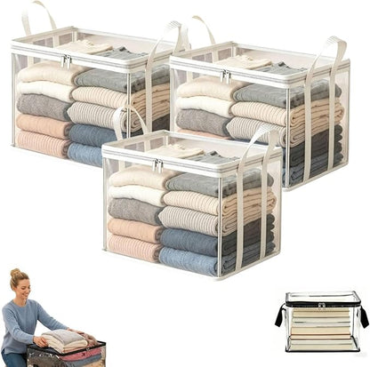 Large Heavy-Duty Thick Plastic Clear Storage Bag for Clothes, Moving & Storage, 2026 Upgraded with Reinforced Handles & Zipper, Stackable Foldable Bins Totes Bags (White, 3Pcs)