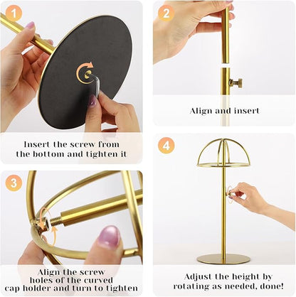 2 Pack Hat display stand Adjustable Height 8.7-14.6 Inches Hat organizer Stainless Steel Metal Hat rack for Storing Hats and Wigs in Home Boutique Retail Stores,Golden