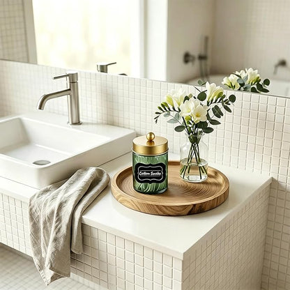 Amolliar 4 Pack Apothecary Jars Bathroom Vanity Storage Organizer Set -Countertop Canister with Stainless Steel Lids &Stickers Qtip Dispenser Holder for Cotton Swab (Green-golden Lid)