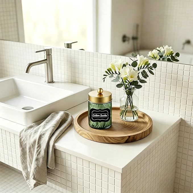 Amolliar 2Pc Glass Qtip Dispenser Holder Bathroom Vanity Storage Organizer Set -Countertop Canister with Metal Lids &Stickers Apothecary Jars for Cotton Swab, Floss Picks(Green-golden Lid)