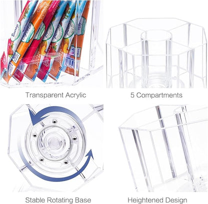 Drink Packet Organizer, 360 Degrees Rotating Acrylic Lazy Susan Organizer for Powdered Drink Mix Powder Packet, Water Flavor Packet Holder for Kitchen Pantry Storage, 5-Section