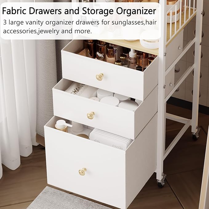 Makeup Organizer Cart with Drawers, Make up Organizers for Vanity, Floor Skincare Organizers- for Cosmetics, Nail Polish, Art Supply, Bathroom Vanity Desktop Organizer (White)