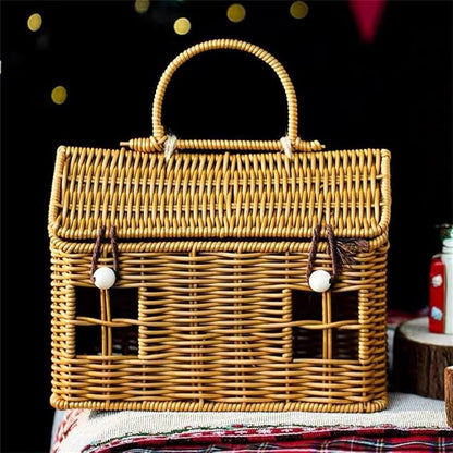 Rattan House Shape Storage Basket with Lid, Small Doll House, Decorative Hand Woven Shelf Organizer with Handle, Natural Harvest Wicker Basket for Picnics, Organizing, Storage (A, 1)