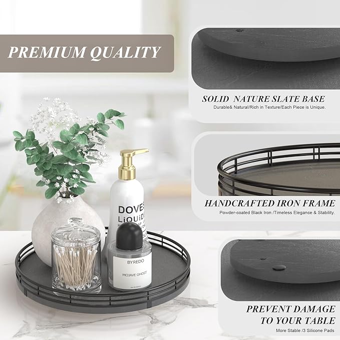 Nature Slate Lazy Susan Turntable for Table Top – 10” Round Slate Tray Organizer for Dining Table, Kitchen Countertop & Bar, Luxury Stone Serving Tray with Black Raised Iron Rim