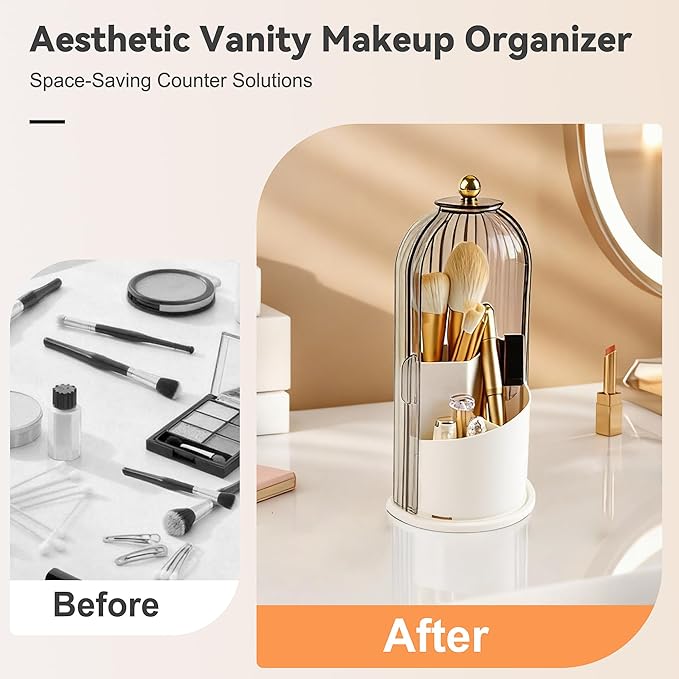 Hvygss 360° Rotating Makeup Brush Holder with Lid, Waterproof Three-Compartment Makeup Organizer, 180° Side-Pull Door Desk Organizer, Dustproof Brush Holder for Vanity and Bathroom (Grey)