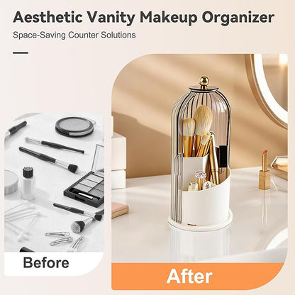 Hvygss 360° Rotating Makeup Brush Holder with Lid, Waterproof Three-Compartment Makeup Organizer, 180° Side-Pull Door Desk Organizer, Dustproof Brush Holder for Vanity and Bathroom (Grey)