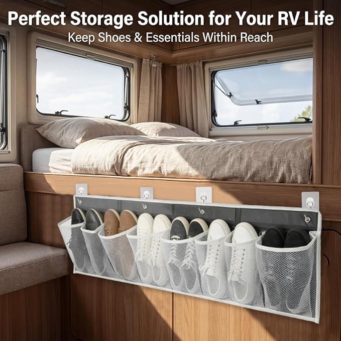 2 Pack RV Shoe Storage with Sticky Adhesive Tape, 16 Large Pocket Wall Mounted Entryway Shoes Rack, Narrow Space Saving Closet Organizers for Lightweight Shoes RV & Camper Essentials
