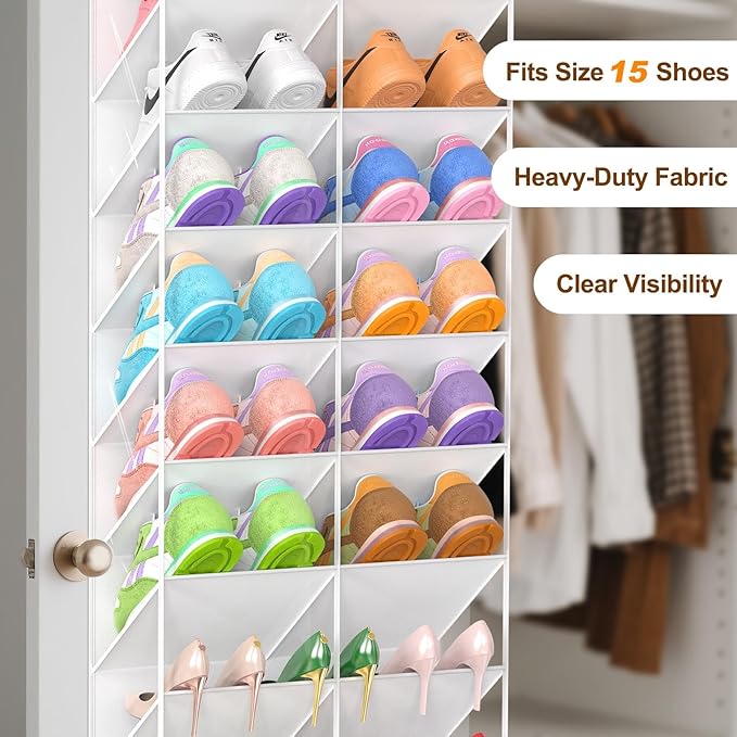 UVIAHOMI 20-30 Pairs Over the Door Shoe Organizer, Clear Pockets Hanging Shoe Storage for Closet, 10-Tier Door Shoes Rack, Handing Shoes Holder Fit All the Family's Sneakers, Boots, Heels, White