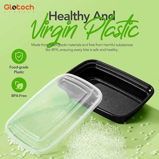 Glotoch 100-Piece (50-Pack) 24 OZ Meal Prep Containers Reusable with Lids, Sturdy Leakproof & Food Safe, Microwave, Freezer, Dishwasher Safe To Go Food Containers, Plastic Take Out Containers, Black