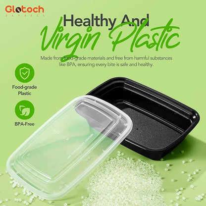 Glotoch 100-Piece (50-Pack) 24 OZ Meal Prep Containers Reusable with Lids, Sturdy Leakproof & Food Safe, Microwave, Freezer, Dishwasher Safe To Go Food Containers, Plastic Take Out Containers, Black