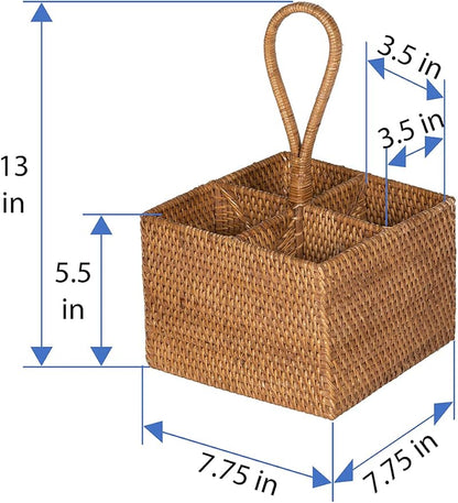 KOUBOO Laguna Rattan Bottle Caddy Storage Box for Kitchen with 4 Compartments, Home Organizer | Wicker Basket, Crate for Display, Bathroom, Farmhouse Decor, Vintage Style, Honey Brown