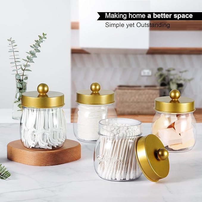 6 Pack Qtip Holder Bathroom Set, SheeChung Plastic Mason Jar Apothecary Jar Set for Bathroom Vanity Storage Organizer, Farmhouse/Home Decor, 12 Labels (Gold)