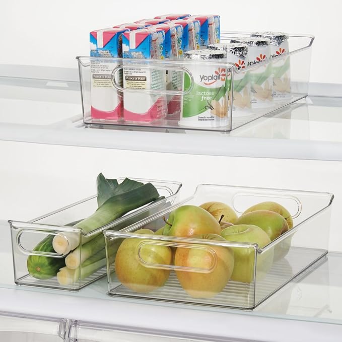 mDesign Plastic Kitchen or Pantry Storage Bins with Handles - Organization in Cabinet, Fridge or Freezer - Fruit Container for Refrigerator or Food Organizer for Pasta, Ligne Collection, 2 Pack, Clear