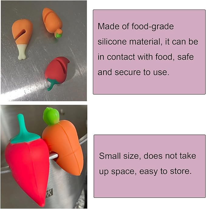 6 Pack Pot Lid Lifter Silicone Heat Resistant Spill Proof Pan Cover Stand Holder Clip Steam Releaser Stopper for Soup Pots Kitchen Gadgets (Carrot, Pepper, Chicken Leg 3 Style)