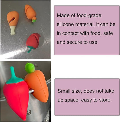 6 Pack Pot Lid Lifter Silicone Heat Resistant Spill Proof Pan Cover Stand Holder Clip Steam Releaser Stopper for Soup Pots Kitchen Gadgets (Carrot, Pepper, Chicken Leg 3 Style)