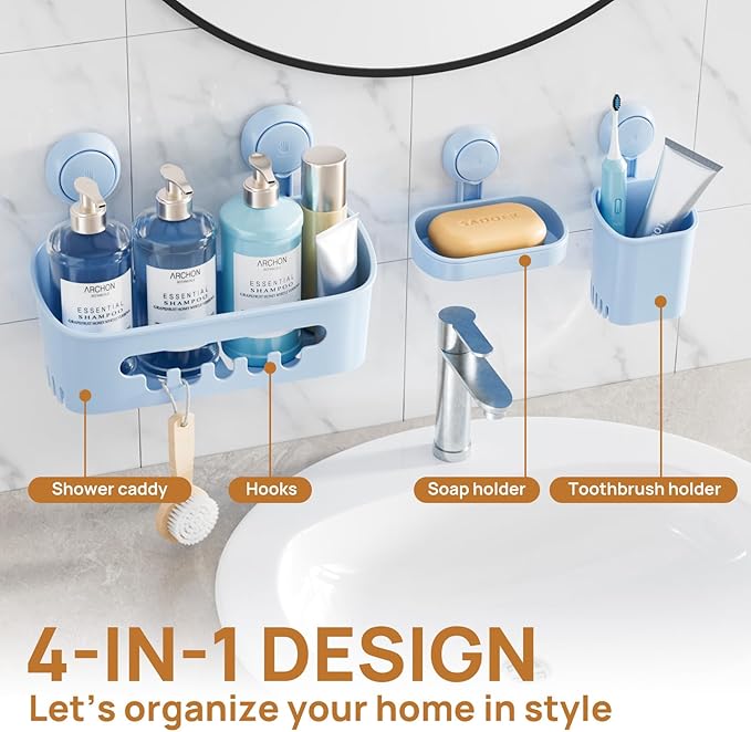 LEVERLOC Shower Caddy Suction Cup Set Shower Organizer & Soap Holder & Toothbrush Holder, Bathroom Shelf Basket NO-Drilling, Removable Suction Storage Waterproof Bathroom Holder, Blue
