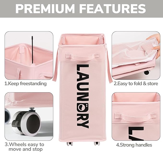 Goodpick Pink Laundry Basket with Wheels, Dorm Room Essentials for Girls, 75L Collapsible Laundry Basket, Laundry Hamper with Handle for College Dorm