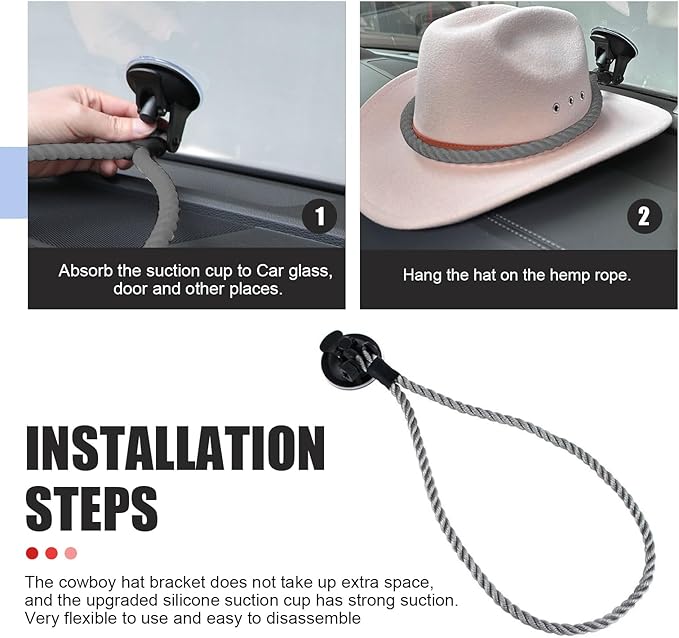 Cowboy Hat Holder for Truck & Car, Cowboy Hat Holder Rack with Suction Cup and Handmade Rope, Cowboy Hat Hanger for Car, SUV, Truck, Home, Universal Truck Accessories (Gray)