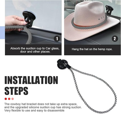 Cowboy Hat Holder for Truck & Car, Cowboy Hat Holder Rack with Suction Cup and Handmade Rope, Cowboy Hat Hanger for Car, SUV, Truck, Home, Universal Truck Accessories (Gray)