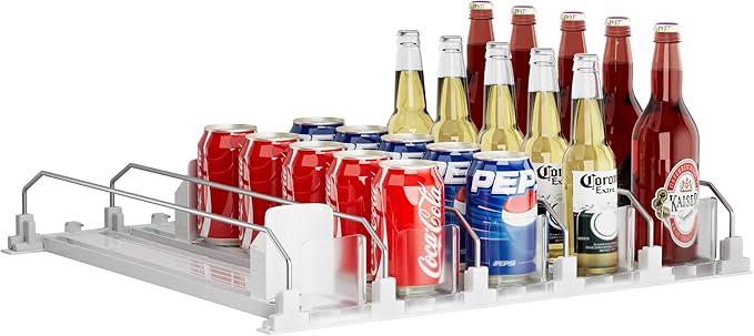 Drinks Organizer for Fridge and Pantry, Soda Can and Bottle Dispenser for Refrigerator with Automatic Pusher Glide, 5 Rows Holds Up to 25 Cans