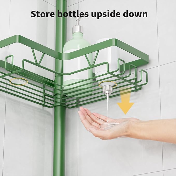 KEGII Shower Caddy Tension Pole, 4-Tier Rustproof Adjustable Corner Bathroom Organizer for Renters, 25–114.2 Inch No Drill Space-Saving Shower Storage Rack, Emerald Green